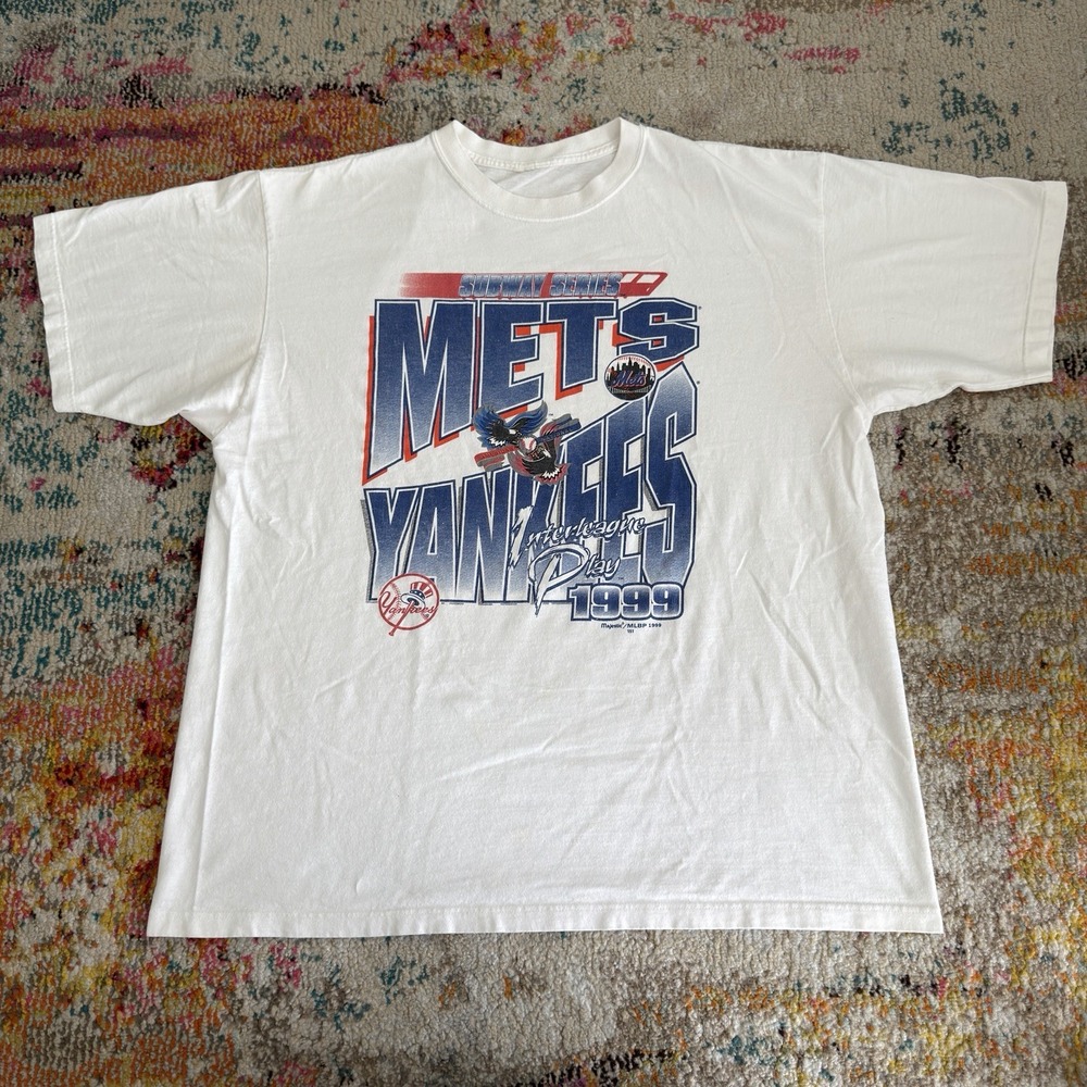 VINTAGE 90s Mets vs Yankees Subway Series T Shirt 1999 XL White Interleague MLB